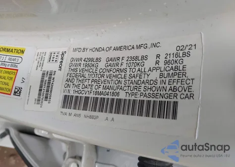 2021 Honda Accord Lx из США, поврежденный, VIN 1HGCV1F18MA041806